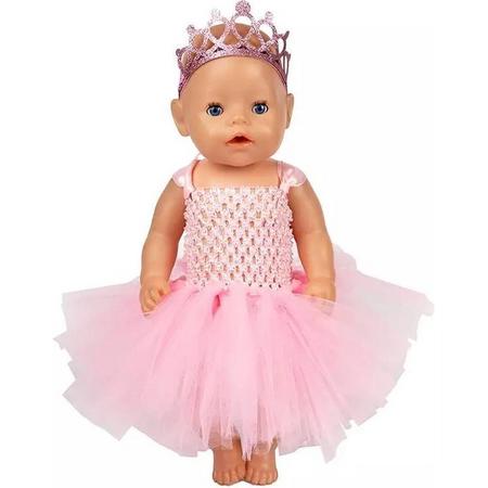 Poppenkleertjes - Geschikt voor Baby Born - Ballerina jurk - Met kroon - Outfit babypop - Roze jurk met wijde tutu en grote strik
